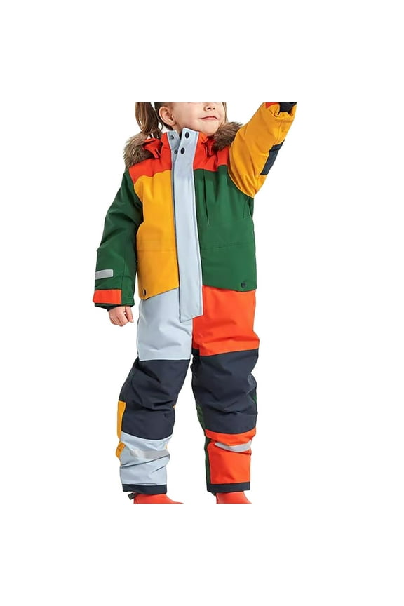 Kids Winter Overalls Ski Suits with Fuzzy Hood - Boy's and Girl's Long Sleeve Color Patchwork Waterproof Snowboard Jumpsuits One Piece Snowsuit Jackets Warm Coats(Multicolor,8-9Year)
