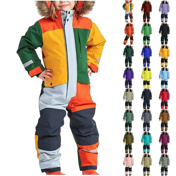 ZCFZJW Kids Winter Overalls Ski Suits with Fuzzy Hood-Boy's and Girl's Long Sleeve Full Zip up Color Patchwork Waterproof Snowboard Jumpsuits One Piece Snowsuit Jackets Warm Coats(Dark Gray,1-2Year)