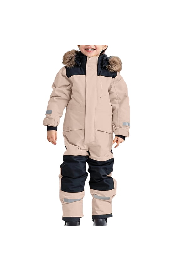 Kids Winter Overalls Ski Suits with Fuzzy Hood-Boy's and Girl's Long Sleeve Full Zip up Color Patchwork Waterproof Snowboard Jumpsuits One Piece Snowsuit Jackets Warm Coats 14-15 Years
