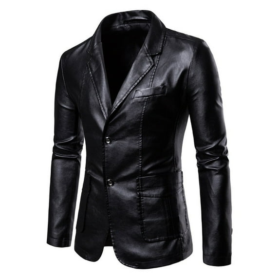 ZCFZJW Leather Blazer for Men-Men's Regular Fit Button Down Lined Business Long Sleeve Single Breasted Leather Suit Jacket Blazer with Pockets Black L
