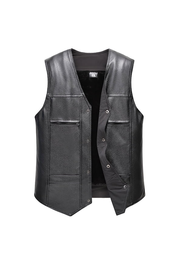 Leather Motorcycle Vest for Men with Pocket, Black Genuine Leather Vest with 100% Polyester Lining for All-Weather Motocross Motorbike Black XL