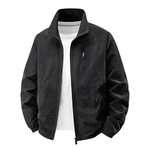 ZCFZJW Lightweight Thin Jackets for Men Big and Tall Regular Fit Casual Full Zip up Long Sleeve Stand Collar Outdoor Sportwear Coat with Multi Zipper Pockets Black XL