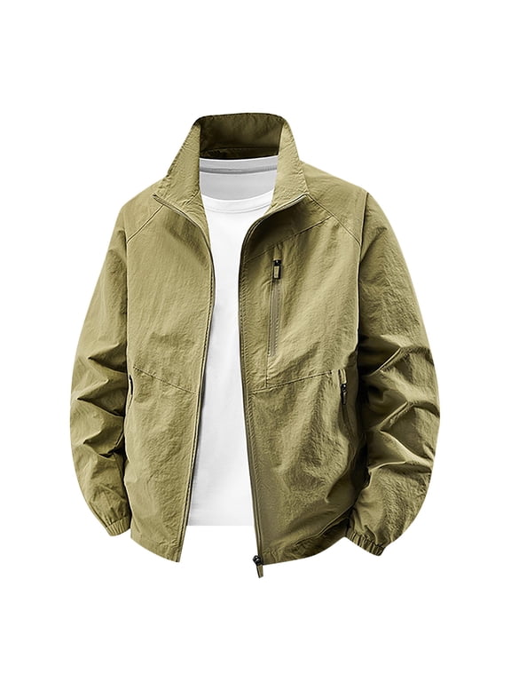 Lightweight Thin Jackets for Men Big and Tall Regular Fit Casual Full Zip up Long Sleeve Stand Collar Outdoor Sportwear Coat with Multi Zipper Pockets Khaki L