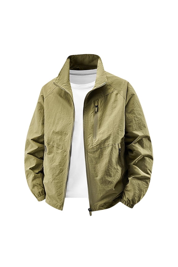 Lightweight Thin Jackets for Men Big and Tall Regular Fit Casual Full Zip up Long Sleeve Stand Collar Outdoor Sportwear Coat with Multi Zipper Pockets Khaki XXXL