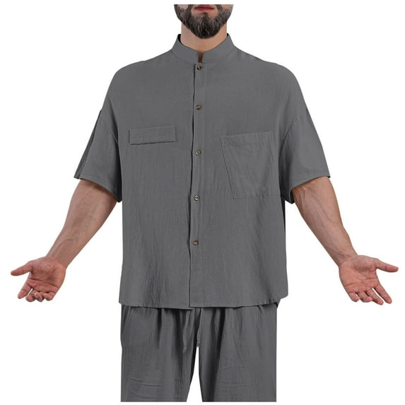 ZCFZJW Linen Shirts for Men Big and Tall Regular Fit Casual Lightweight Half Sleeve Button Down Soft Cotton T-Shirts Trendy Oversized Comfy Vacation Beach Fall Tops with Pocket Dark Gray XXL