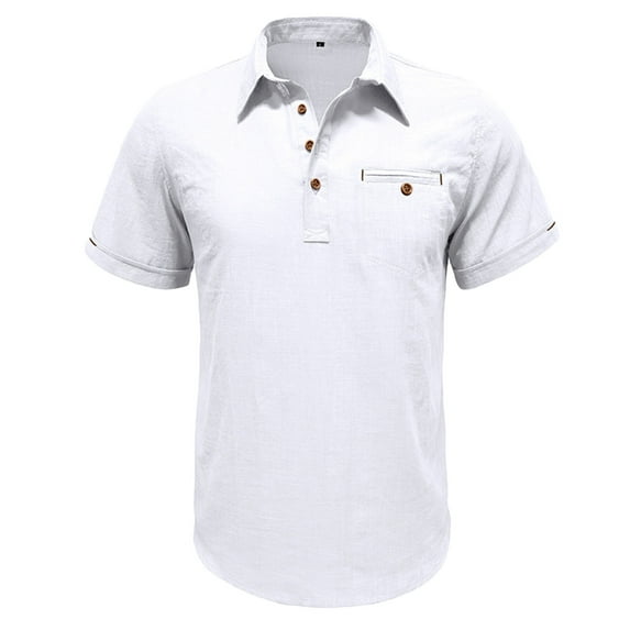 ZCFZJW Linen Shirts for Men Casual Summer Short Sleeve Lapel Collar Button Down Plain Tees Shirt Trendy Holiday Vacation Soft Cotton T-Shirt Tops White M