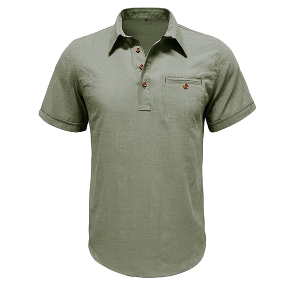 ZCFZJW Linen Shirts for Men Casual Summer Short Sleeve Lapel Collar Button Down Plain Tees Shirt Trendy Holiday Vacation Soft Cotton T-Shirt Tops Army Green M