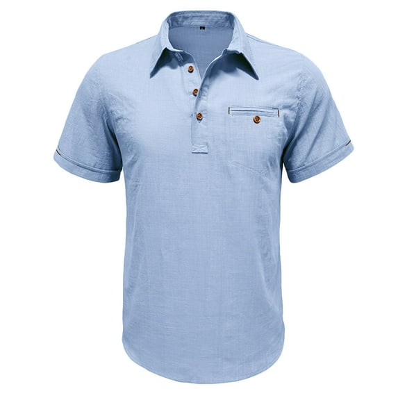 ZCFZJW Linen Shirts for Men Casual Summer Short Sleeve Lapel Collar Button Down Plain Tees Shirt Trendy Holiday Vacation Soft Cotton T-Shirt Tops Light Blue XXL