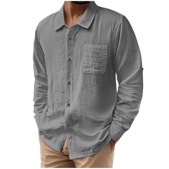 ZCFZJW Linen Shirts for Men Lightweight Casual Button Down Long Sleeve Beach Holiday Vacation Tees Tops Loose Fit Comfy Soft Cotton T-Shirts with Pockets Gray XXL