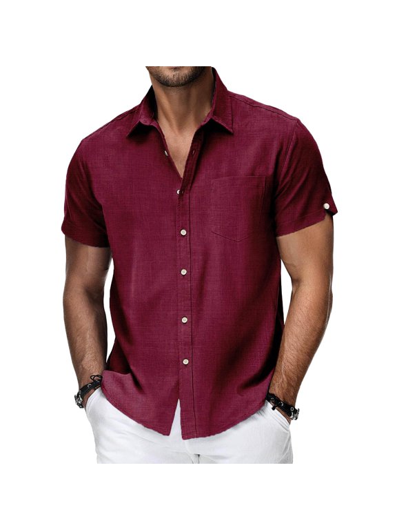 Linen Shirts for Men Lightweight Short Sleeve Vacation Tees Blouse Button Down Dress Untuckit Shirts Beach Summer Wedding Hawaiian Outfit with Pockets Wine M