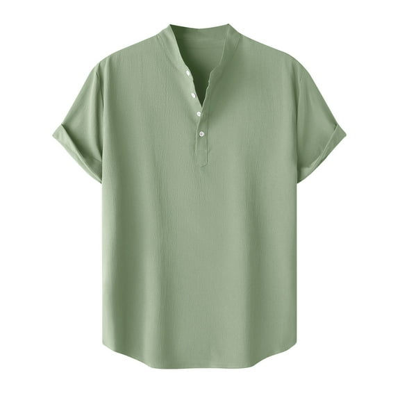 ZCFZJW Linen Shirts for Men Big and Tall Regular Fit Casual Summer Short Sleeve Button V Neck Henley Tops Trendy Soft Cotton Basic Tees Shirt Green L