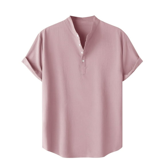 ZCFZJW Linen Shirts for Men Big and Tall Regular Fit Casual Summer Short Sleeve Button V Neck Henley Tops Trendy Soft Cotton Basic Tees Shirt Pink L