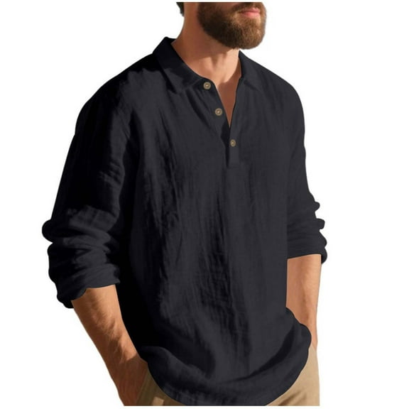ZCFZJW Linen Shirts for Men Lightweight Casual Fall Long Sleeve Quarter Button up Collared T-Shirts Loose Regular Fit Casual Work Shirt Tops Black M