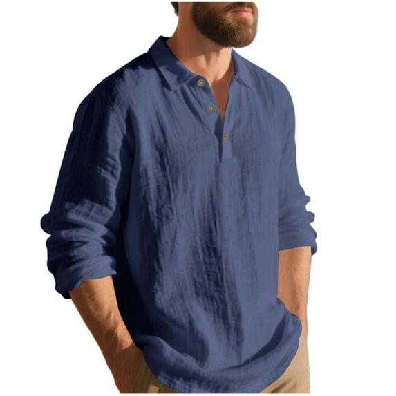 ZCFZJW Linen Shirts for Men Lightweight Casual Fall Long Sleeve Quarter Button up Collared T-Shirts Loose Regular Fit Casual Work Shirt Tops Navy XL