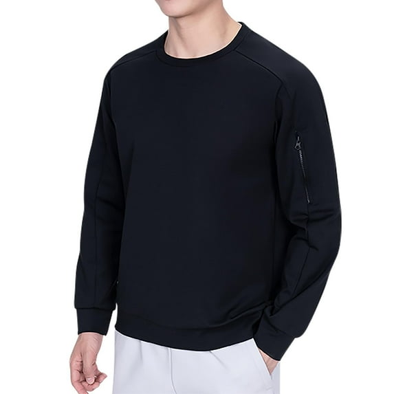 ZCFZJW Long Sleeve Athletic Workout Sweatshirts for Men Big and Tall Regular Fit Casual Solid Color Crewneck Pullover Tops with Zipper Pockets Black XXXXL