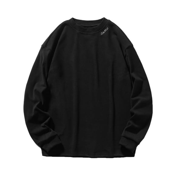 ZCFZJW Long Sleeve Fall Crewneck Hoodless Sweatshirts for Men Big and Tall Regular Fit Casual Sports Soft Embroider Solid Color Basic Workout Pullover Tops Black L