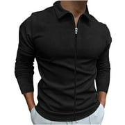 ZCFZJW Long Sleeve Full Zip up Lapel Collared T Shirts for Men Big and Tall Regular Fit Casual Striped Knitted Pullover Sweatshirts Tops Black L