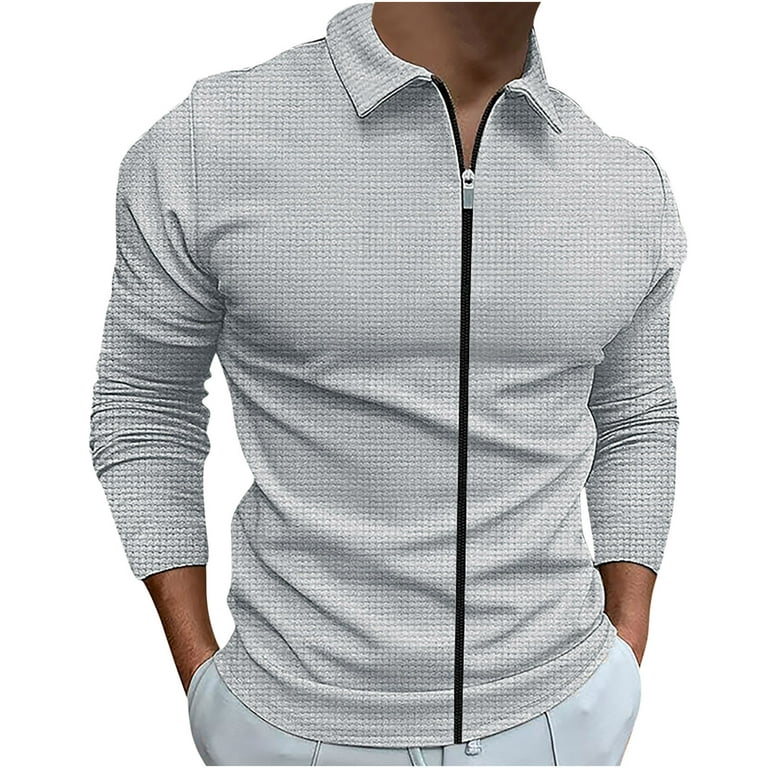 ZCFZJW Long Sleeve Full Zip up Lapel Collared T Shirts for Men Big and Tall  Regular Fit Casual Striped Knitted Pullover Sweatshirts Tops Gray XXXXL