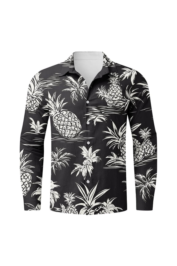 Long Sleeve Hawaiian Shirts for Men Tropical Floral Print Summer Button Down Graphic Beach Vacation Tees Tops Loose Regular Fit Holiday Aloha T-Shirts Black L