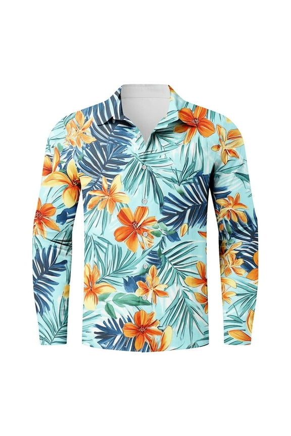 Long Sleeve Hawaiian Shirts for Men Tropical Floral Print Summer Button Down Graphic Beach Vacation Tees Tops Loose Regular Fit Holiday Aloha T-Shirts Green#03 L
