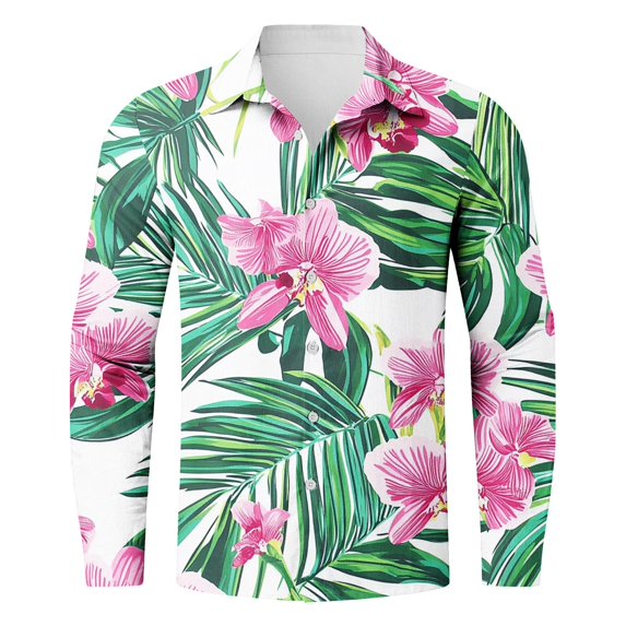 ZCFZJW Long Sleeve Hawaiian Shirts for Men Tropical Floral Print Summer Button Down Graphic Beach Vacation Tees Tops Loose Regular Fit Holiday Aloha T-Shirts Pink#02 S