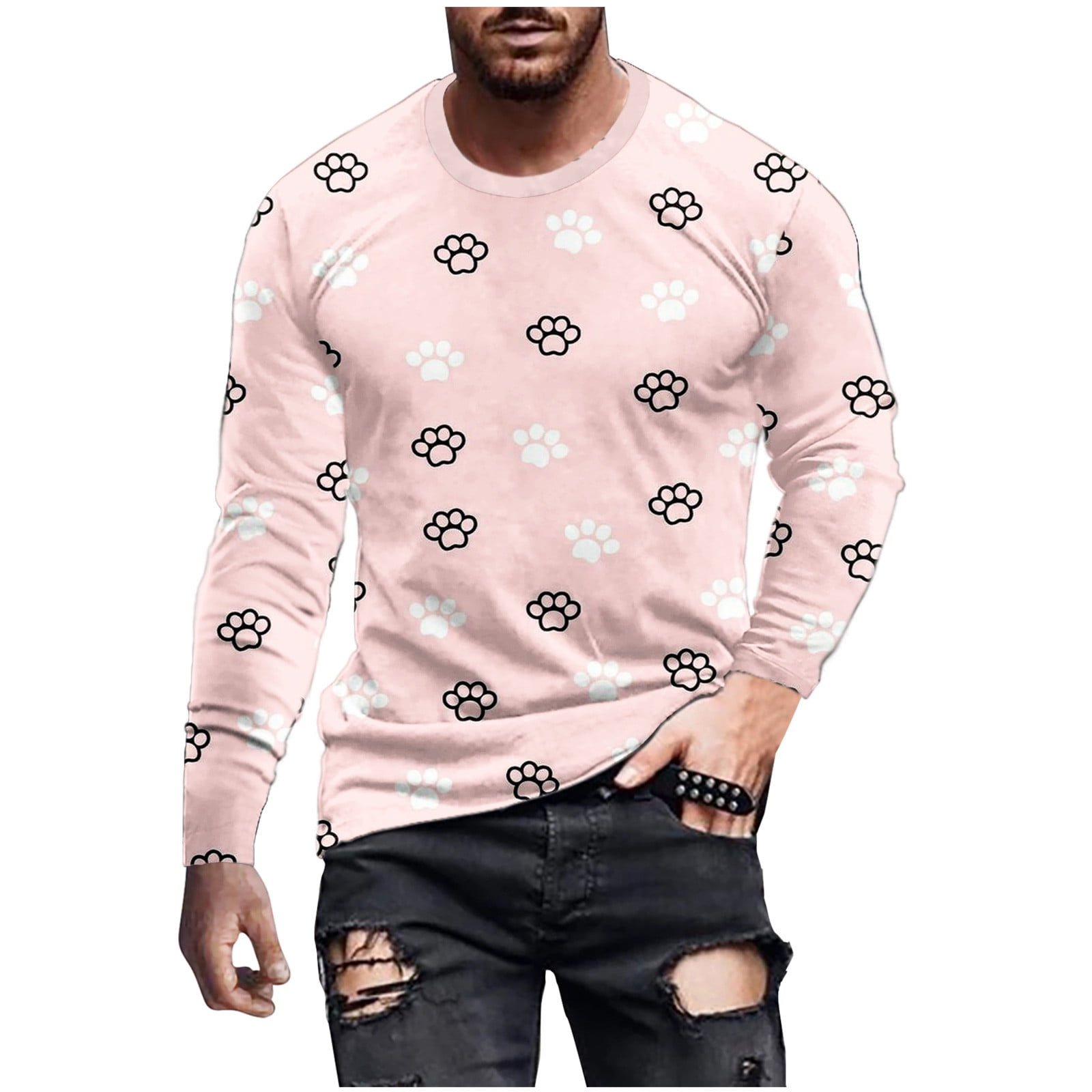 ZCFZJW Long Sleeve Mens Big and Tall Graphic Tee Shirts Cute Dog Paw Print  Round Neck Pullover Sweatshirts Casual Slim Fitted Basic Hawaiian T-Shirts  Pink M 