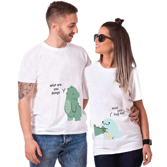 ZCFZJW Lovely Dinosaur Matching Couple T-Shirt for Husband Wife Casual Short Sleeve Valentine's Day Matching Couples Shirt for Lover White Men-XXL