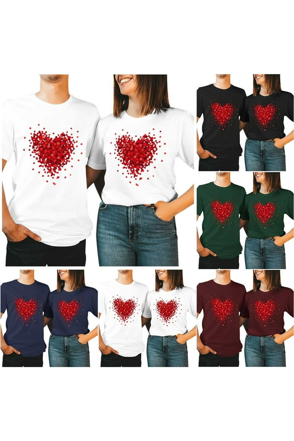 Matching Shirts for Couples Set for Him and Her Valentines Day Short Sleeve Round Neck Cute Heart Pattern Graphic Holiday T-Shirts Tops Navy Women-L