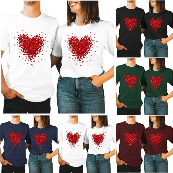 ZCFZJW Matching Shirts for Couples Set for Him and Her Valentines Day Short Sleeve Round Neck Cute Heart Pattern Graphic Holiday T-Shirts Tops Navy Women-XL