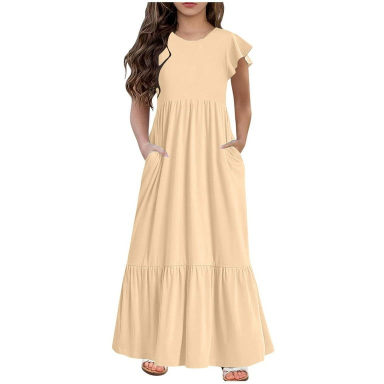 young girl's long brown dress flowers short ruffled sleeves Franchesca Tiered Ruffle Floral Maxi round neck Cathalem Girls Summer Dresses Toddler