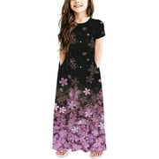 ZCFZJW Maxi Dresses for Kids Girls Trendy Summer Floral Pattern Print Short Sleeve Round Neck Pullover Tank Dress Loose Flowy Baggy Hem Dress Purple 13-14 Years