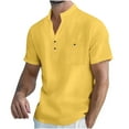 thumbnail image 1 of ZCFZJW Men's Cotton Linen Henley Shirt Short Sleeve Hippie Casual Beach T-Shirts with Pocket Lightweight Summer Vacation Tees Shirt Tops Yellow S, 1 of 7
