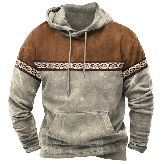 ZCFZJW Men Aztec Tribal Pullover Hoodie Western Ethnic Graphic Hooded Sweatshirts Regular Fit Casual Long Sleeve Patchwork Pullover Tops with Pockets L
