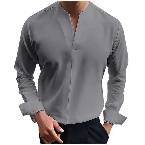 ZCFZJW Men Gentlemans Business T Shirt Long Sleeve Fitness Muscle T Shirt Casual V Neck Gym Tee Fashion Workout Casual Shirts Gray L