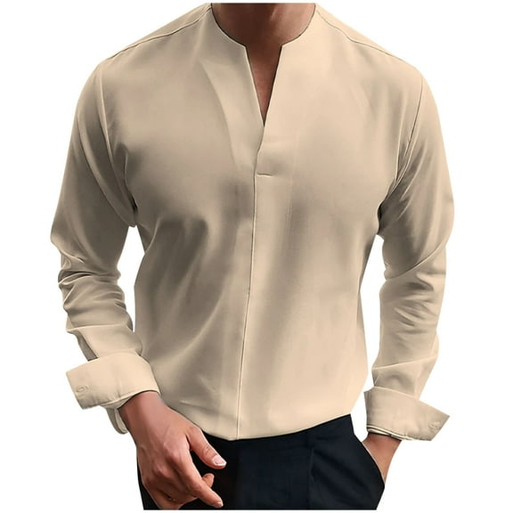 ZCFZJW Men Gentlemans Business T Shirt Long Sleeve Fitness Muscle T Shirt Casual V Neck Gym Tee Fashion Workout Casual Shirts Khaki XL