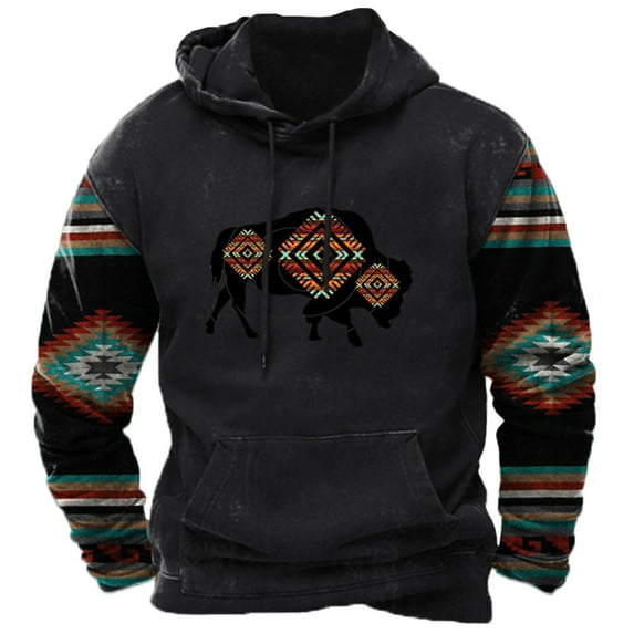 ZCFZJW Men Hooded Coat Winter Vintage Western Aztec Tribal Graphic Pullover Hoodie Sweatshirts Classic Regular Fit Big and Tall Comfortable Cotton Outwear Tops with Pockets Z04-Black XXXL