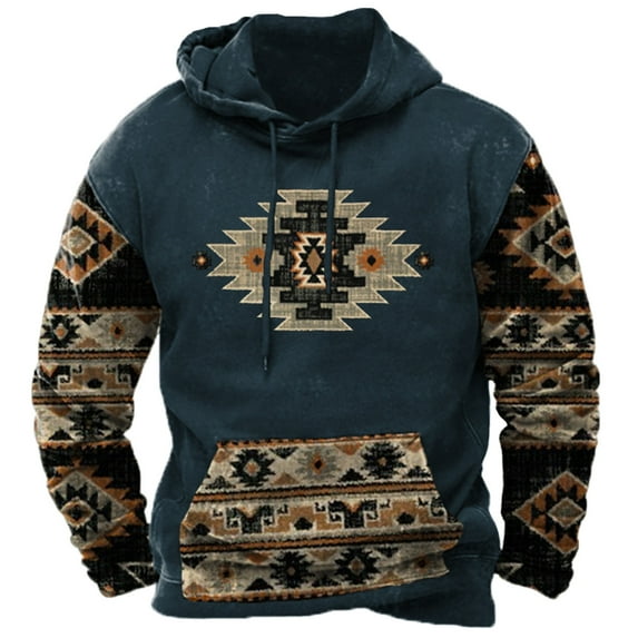 ZCFZJW Men Hooded Coat Winter Vintage Western Aztec Tribal Graphic Pullover Hoodie Sweatshirts Classic Regular Fit Big and Tall Comfortable Cotton Outwear Tops with Pockets Z02-Navy XXL