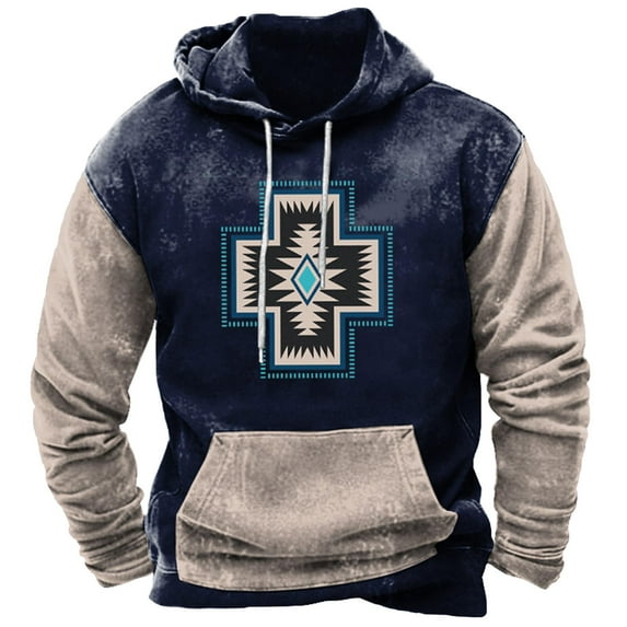 ZCFZJW Men Hooded Coat Winter Vintage Western Aztec Tribal Graphic Pullover Hoodie Sweatshirts Classic Regular Fit Big and Tall Comfortable Cotton Outwear Tops with Pockets Blue#01 XL