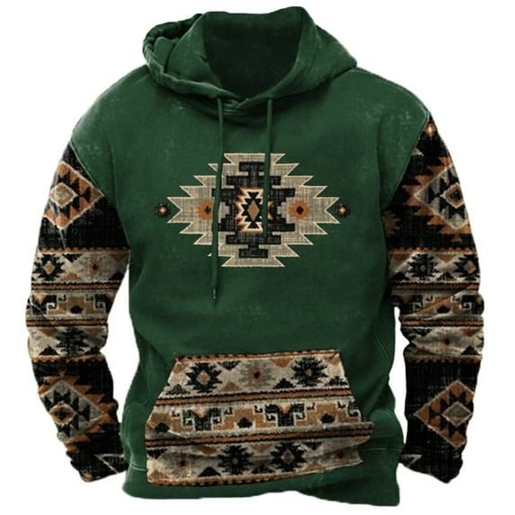 ZCFZJW Men Hooded Coat Winter Vintage Western Aztec Tribal Graphic Pullover Hoodie Sweatshirts Classic Regular Fit Big and Tall Comfortable Cotton Outwear Tops with Pockets Z02-Green L