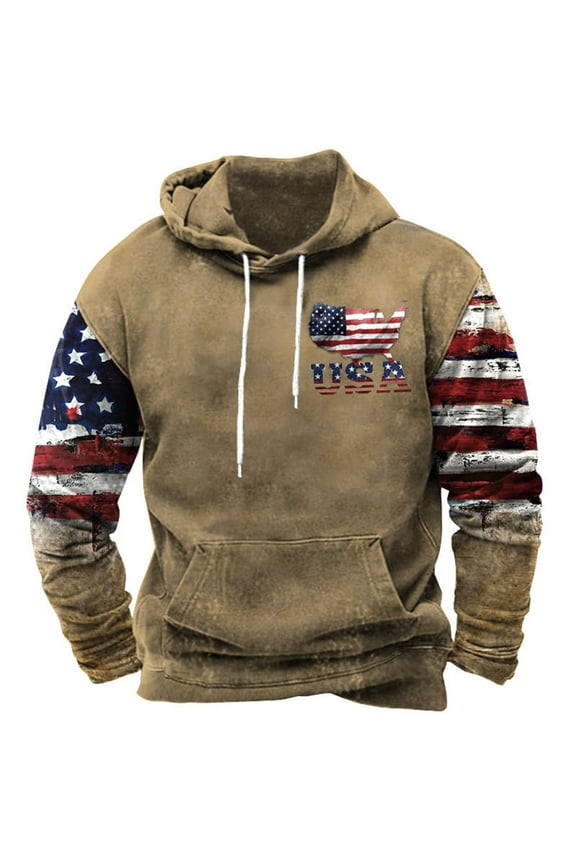 Men Hoodies Tops Vintage Aztec Graphic Hooded Sweatshirts Lightweight Casual Long Sleeve USA Flag Print Trendy Coat with Pockets Black M