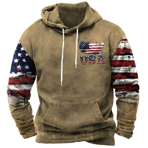 ZCFZJW Men Hoodies Tops Vintage Aztec Graphic Hooded Sweatshirts Lightweight Casual Long Sleeve USA Flag Print Trendy Coat with Pockets Black M