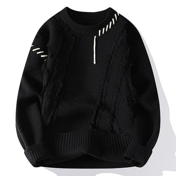 ZCFZJW Men Oversized Sweater Distressed Effect Knit Jumper Fall Winter 2025 Casual Pullover Knitwear Crew Neck Sweater for Men Black XL