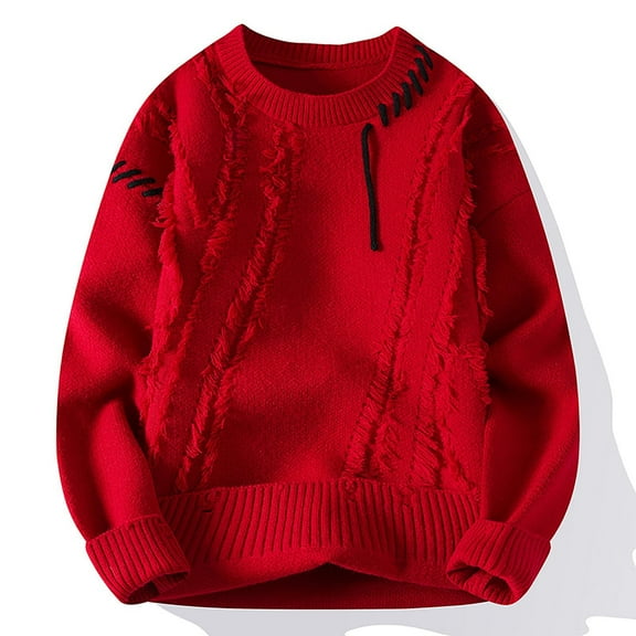 ZCFZJW Men Oversized Sweater Distressed Effect Knit Jumper Fall Winter 2025 Casual Pullover Knitwear Crew Neck Sweater for Men Red XL