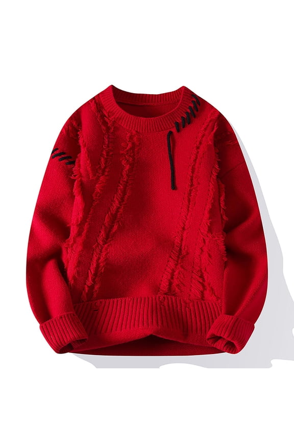 Men Oversized Sweater Distressed Effect Knit Jumper Fall Winter 2025 Casual Pullover Knitwear Crew Neck Sweater for Men Red XXL