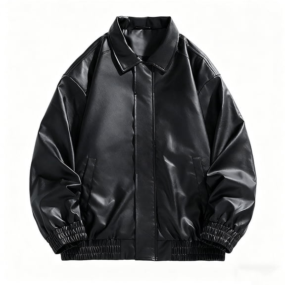 ZCFZJW Men PU Leather Motorcycle Jackets Vintage Long Sleeve Full Zip up Button Lapel Collar Outwear Coat Long Sleeve Parka Overcoat with Pockets Black XL