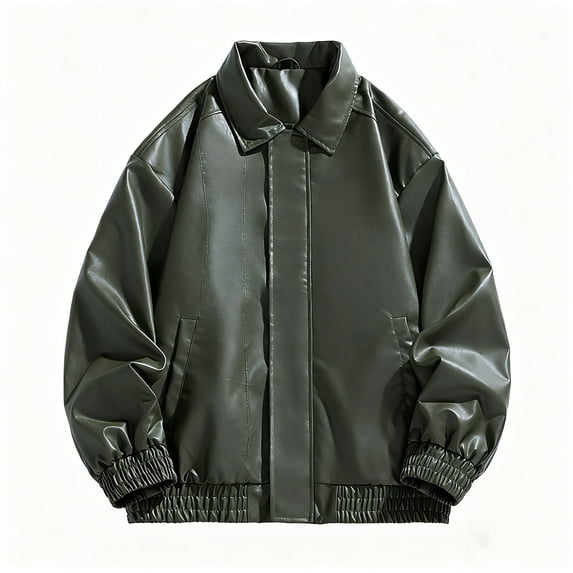 ZCFZJW Men PU Leather Motorcycle Jackets Vintage Long Sleeve Full Zip up Button Lapel Collar Outwear Coat Long Sleeve Parka Overcoat with Pockets Green XL