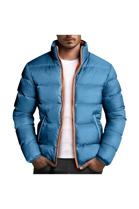 Men Puffer Down Jacket Packable Lightweight Full Zip up Color Patchwork Long Sleeve Stand Collar Winter Warm Jackets Coats Outdoor Waterproof Insulated Jackets with Pockets Blue XXL
