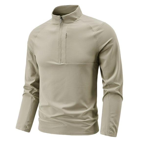 ZCFZJW Men Quarter Zip Pullovers Lightweight Long Sleeve Golf Shirts Quick Dry 1/4 Zip Mock Neck Basic Solid Color Athletic Shirt for Workout Running with Pockets Khaki L