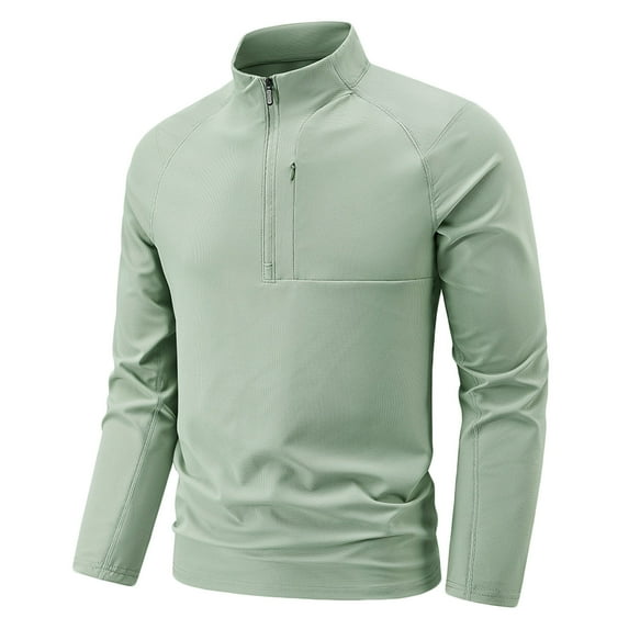 ZCFZJW Men Quarter Zip Pullovers Lightweight Long Sleeve Golf Shirts Quick Dry 1/4 Zip Mock Neck Basic Solid Color Athletic Shirt for Workout Running with Pockets Green L