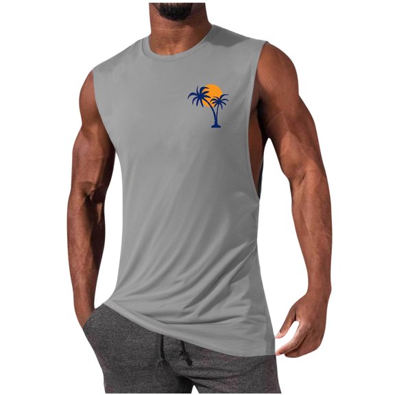 ZCFZJW Men Tank Tops Beach Palm Tree Shirt Big and Tall Regular Fit Casual Summer Hawaiian Tshirt Vintage Graphic Sleeveless Athletic Tees Shirt Gray S